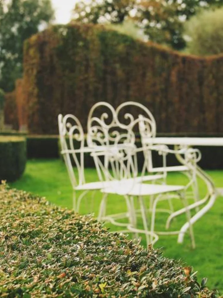 Manicured garden with clipped hedges and white seating on a lawn