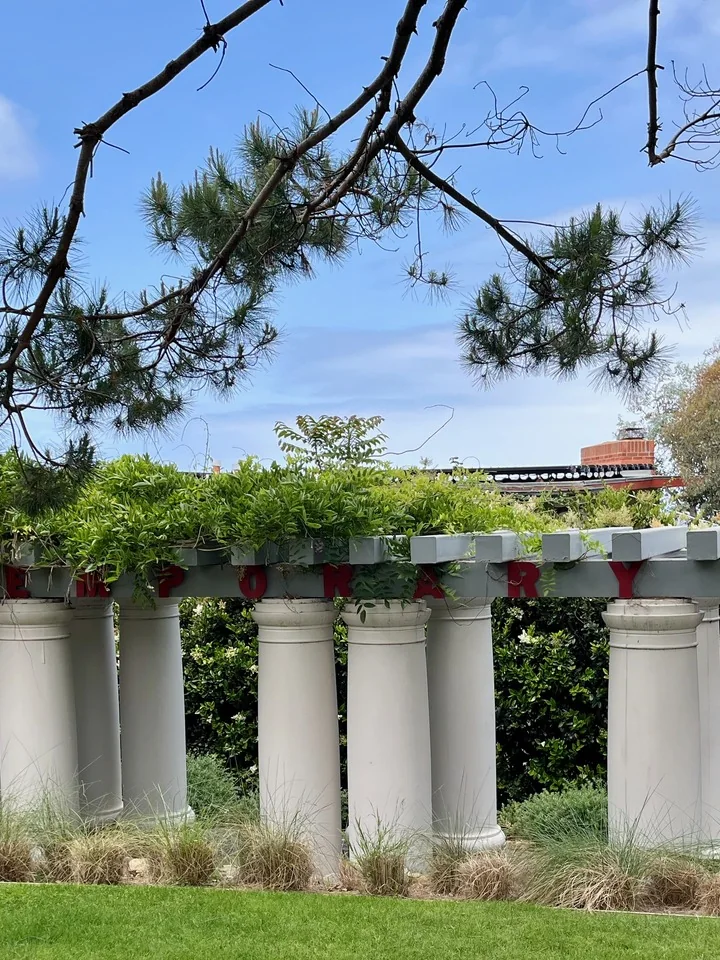 Columned garden pergola planted with climbers